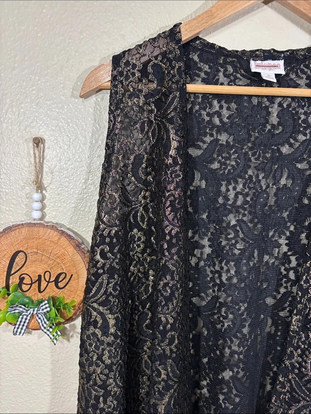 Lularoe Lace Floral Elegant Black/Gold Joy Vest Size S NEW